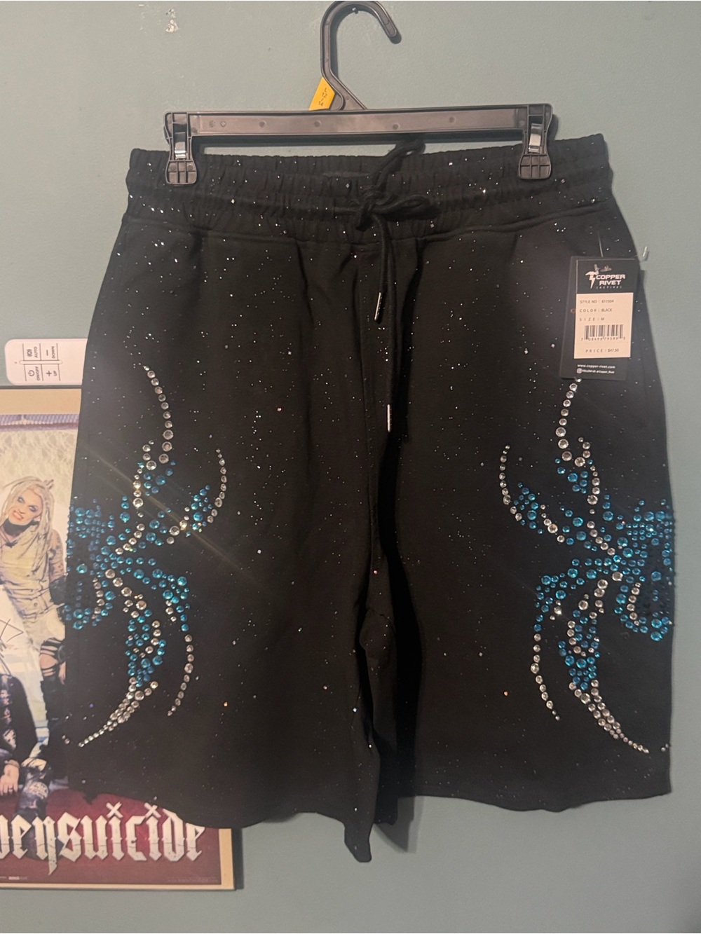 Black Unisex Athletic Shorts with Blue & Silver Crystal Accents